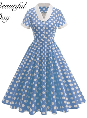 港风复古气质波点显瘦法式年代感短袖女装舞蹈表演派对收腰连衣裙