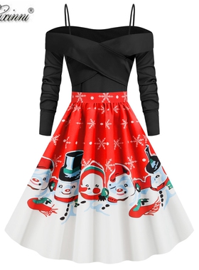 欧美洋气复古一字肩红色圣诞老人节日派对长袖印花收腰大摆连衣裙