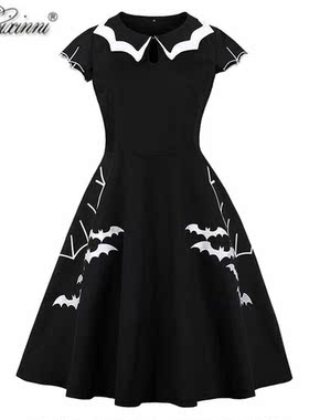 欧美赫本风气质大码女装万圣节日复古派对印花显瘦黑色大摆连衣裙