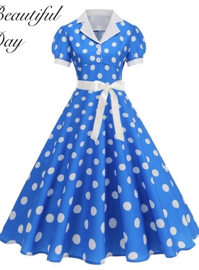 港风复古气质波点显瘦法式年代感短袖女装舞蹈表演派对收腰连衣裙