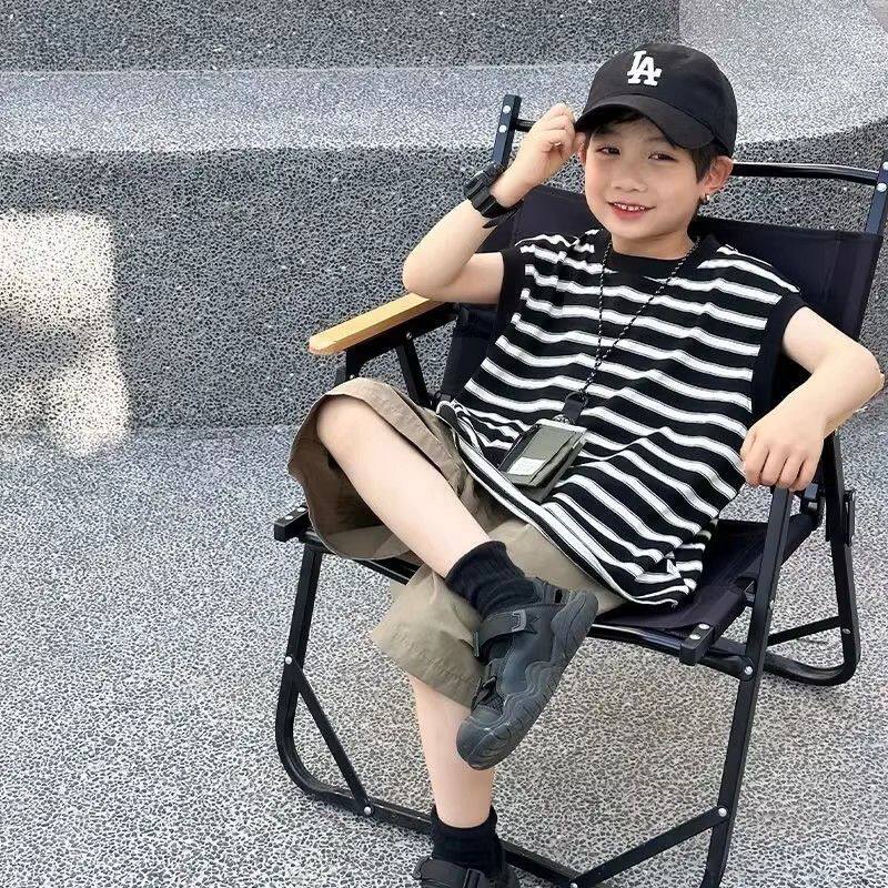 男童夏季无袖背心外穿新款中大童装宽松薄款条纹短袖t恤时髦上衣