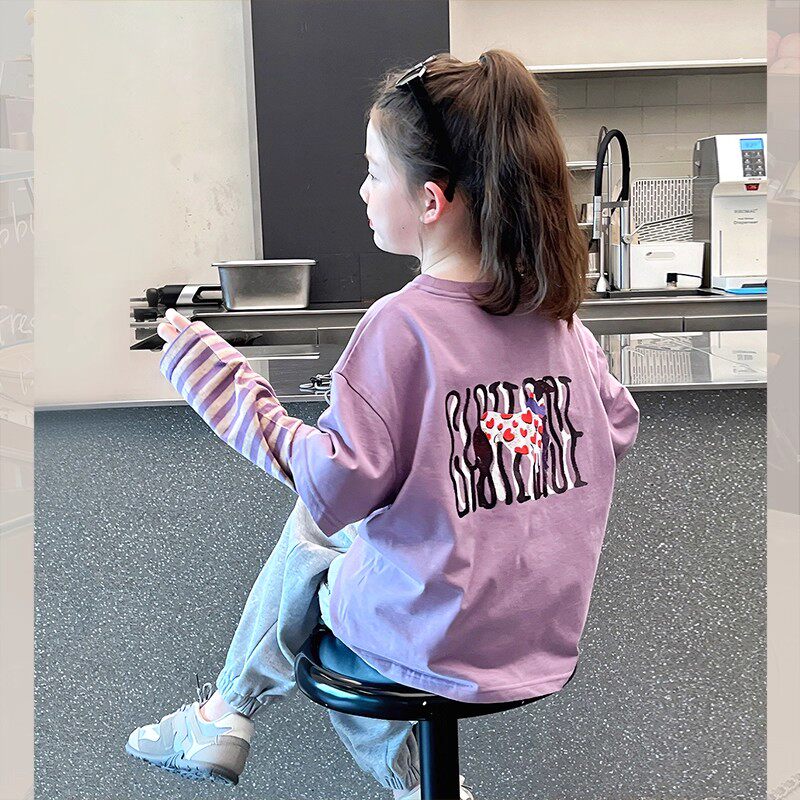 大童装条纹假两件t恤儿童长袖打底衫洋气上衣女童2026春秋装新款