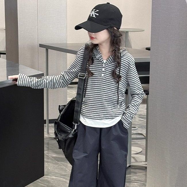 女童春秋假两件条纹连帽T恤上衣