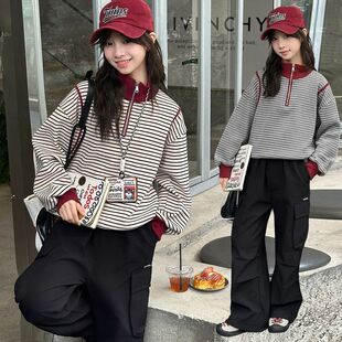 女童秋冬装条纹加绒加厚卫衣新款中大童立领套头衫半拉链韩版上衣