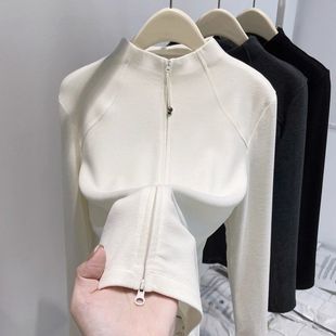 女童半高领德绒秋冬装打底衫新款双拉链开衫立领外套修身保暖卫衣