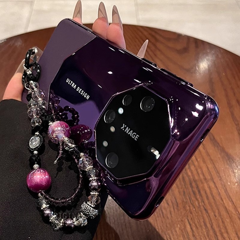 高级感紫色适用华为mate70pro+手机壳带手提链子mate60RS保时捷非凡大师新款电镀素皮mate40rs防摔全包硬壳女