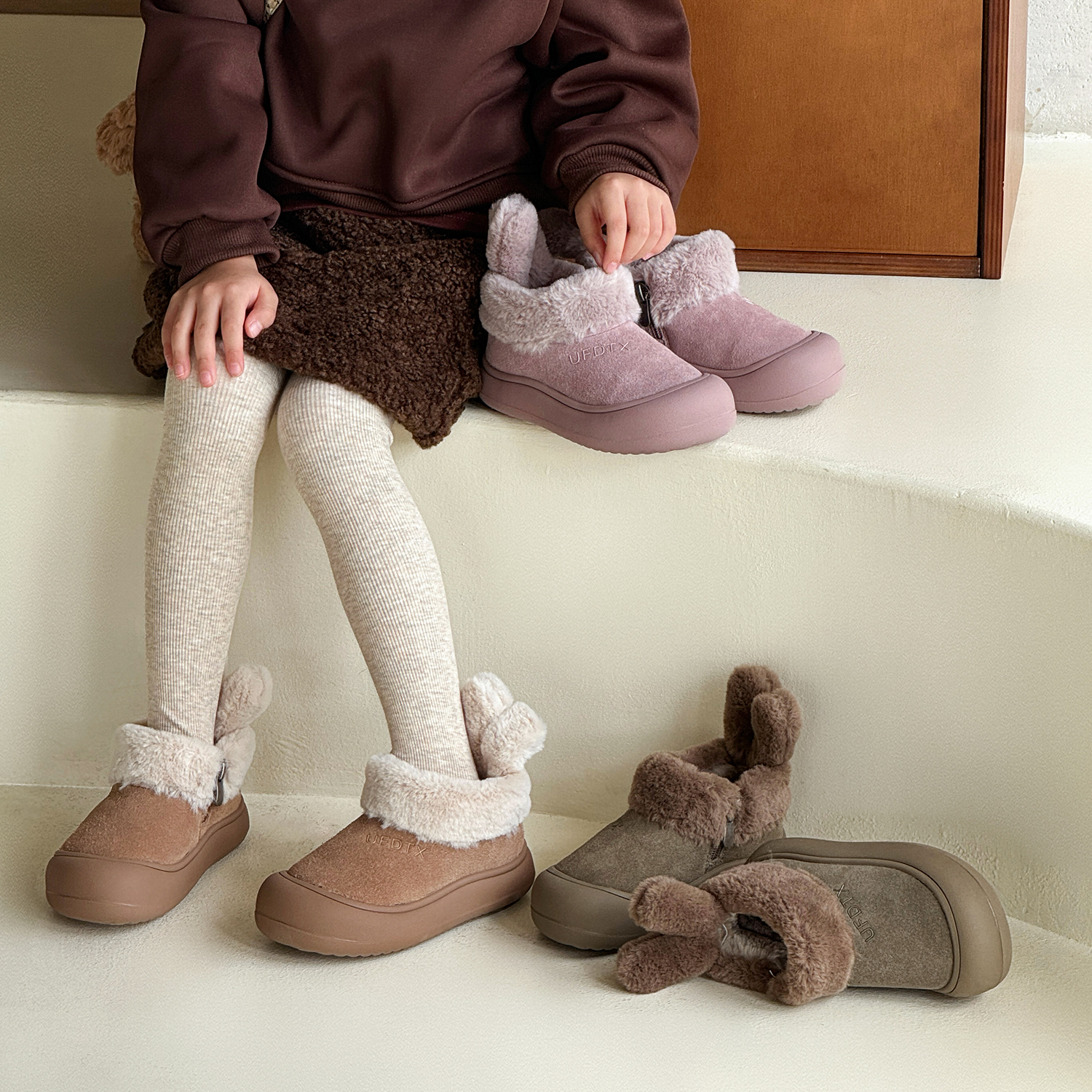 真皮加绒加厚兔子耳朵儿童鞋子女童棉鞋2025新款毛毛鞋韩版冬鞋