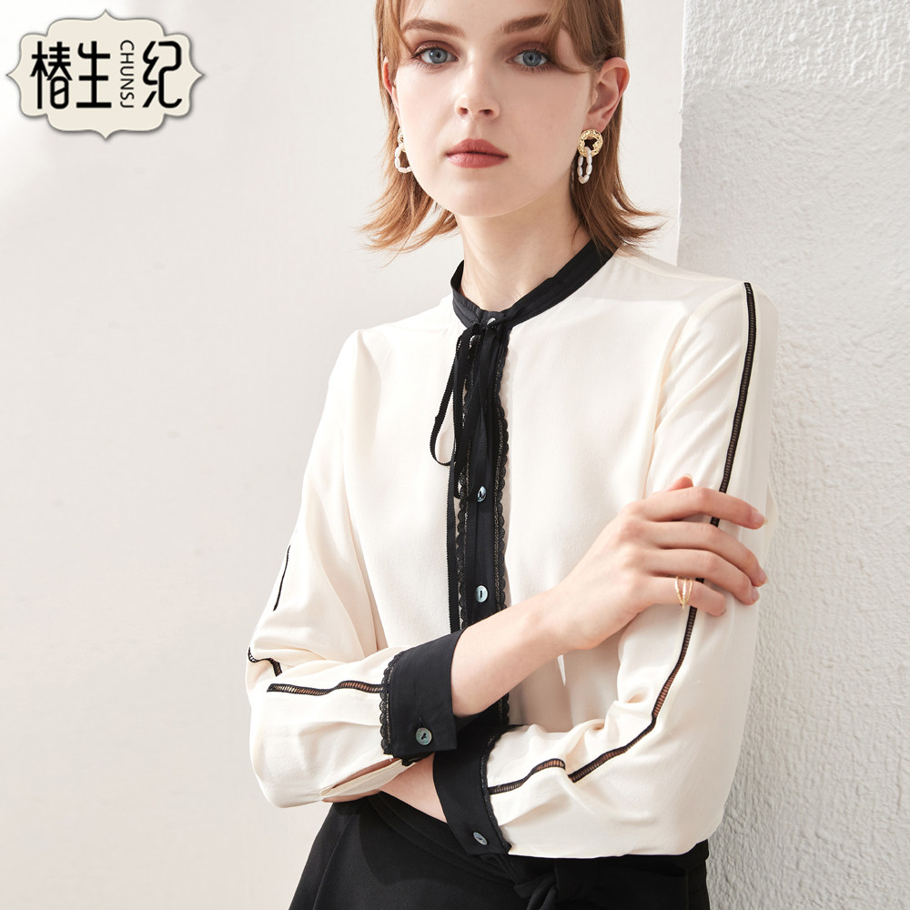 椿生纪真丝上衣女2023春季新款时尚减龄系带米白色长袖桑蚕丝衬衫
