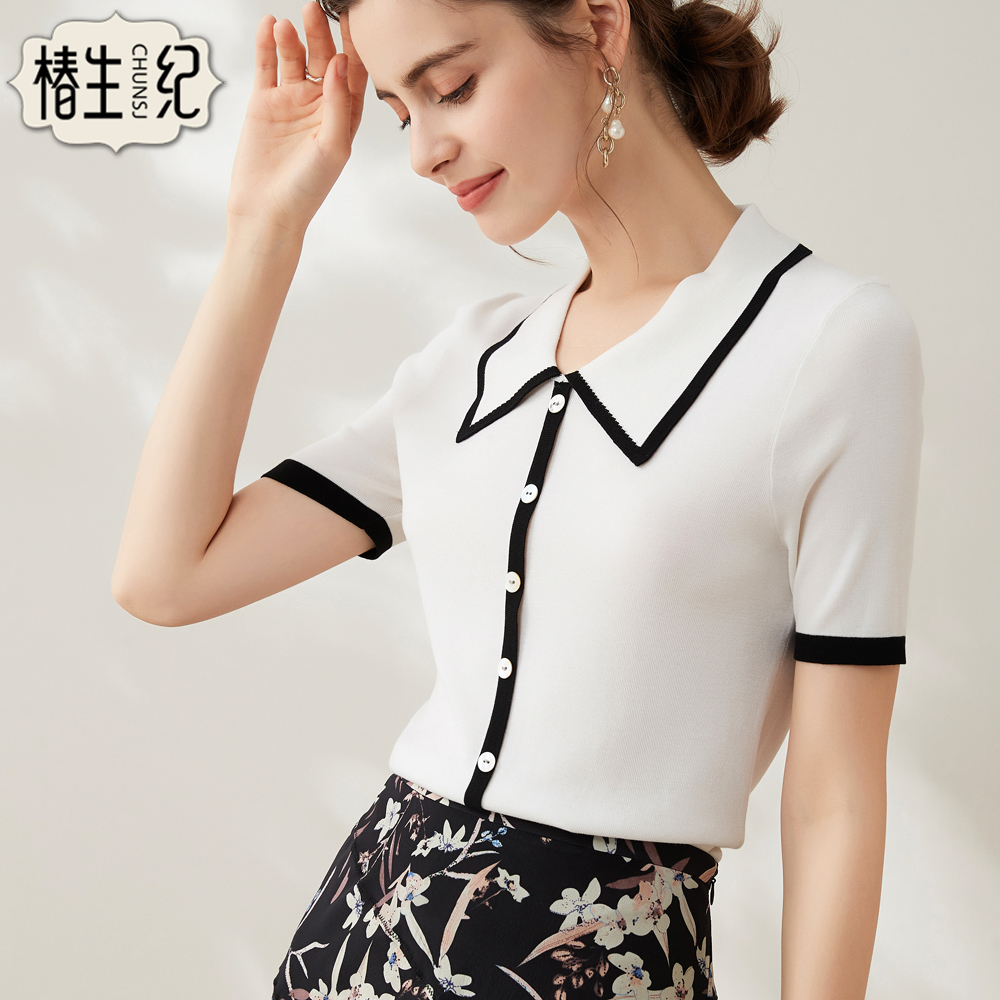 椿生纪2022年春季新款小翻领短袖桑蚕丝真丝针织衫女法式修身减龄