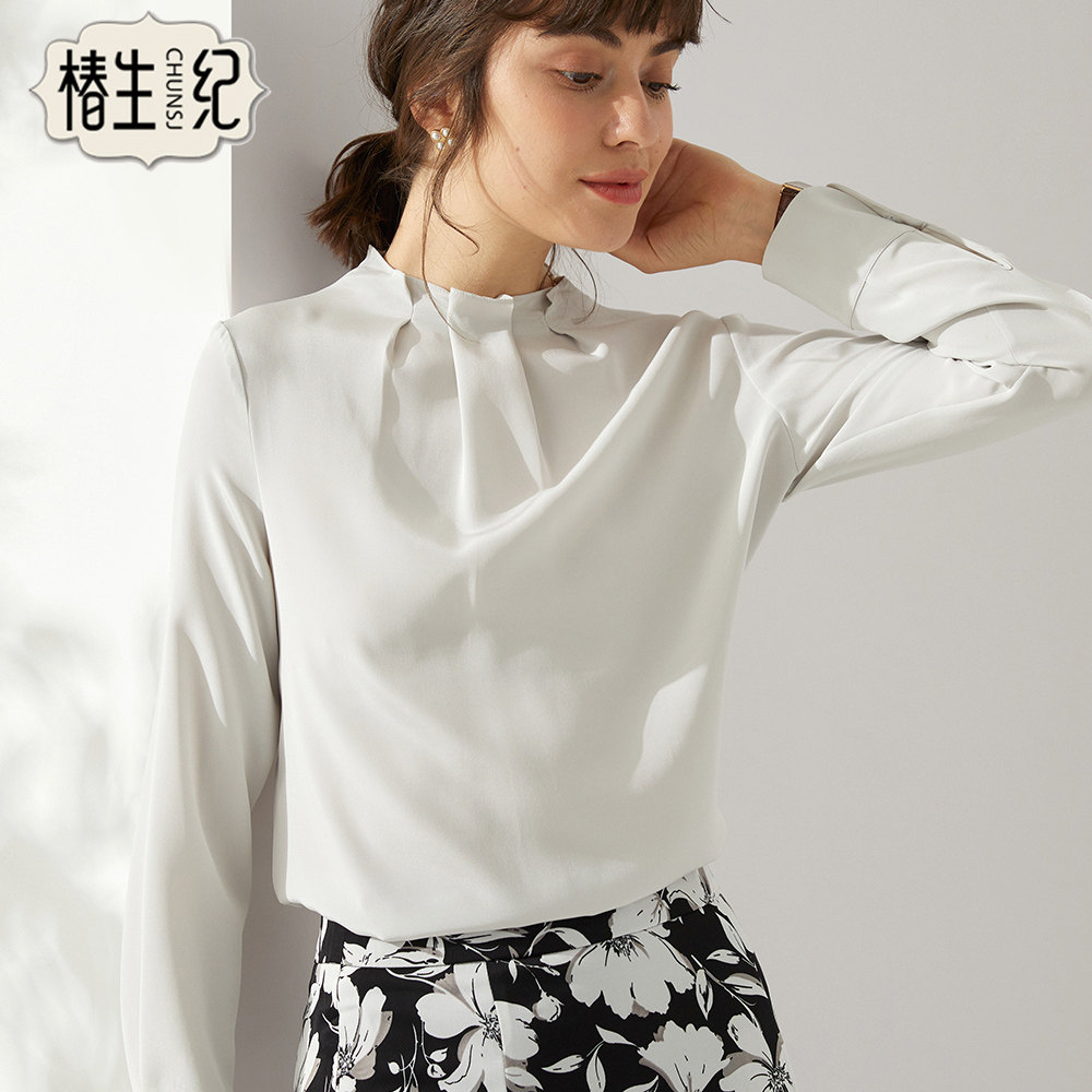 椿生纪真丝上衣2023春夏新品桑蚕丝褶皱半领高端品质长袖纯色衬衫