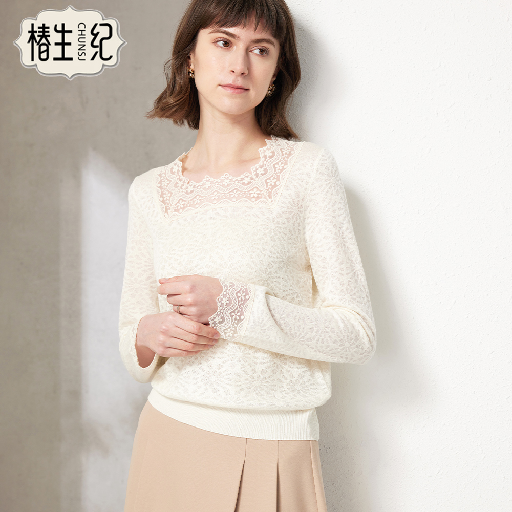 2024春装新品蕾丝花边白色上衣女短款针织小仙女薄款长袖衬衫女装