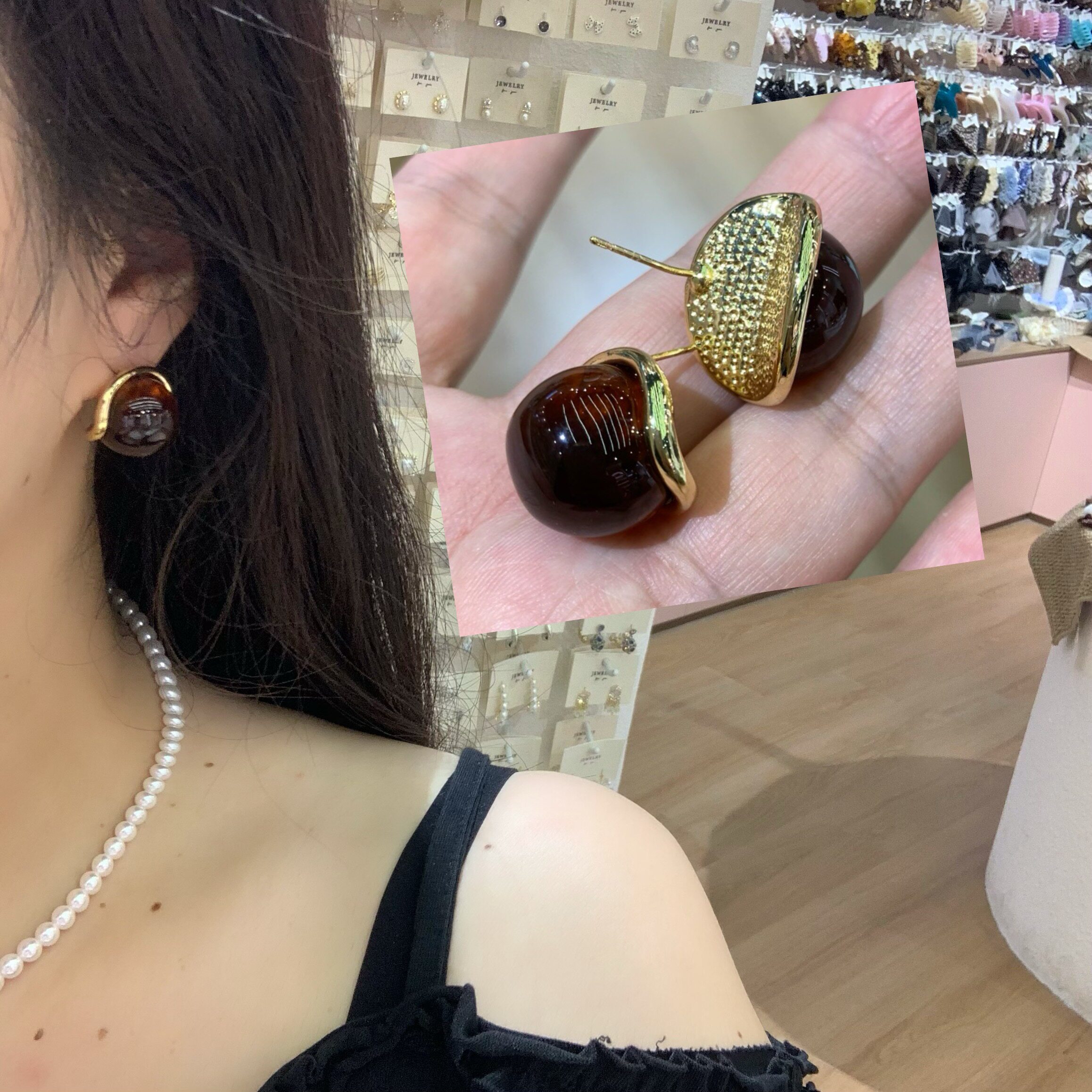 自留韩系小众设计感复古气质耳饰不规则几何耳钉氛围感琥珀色耳饰