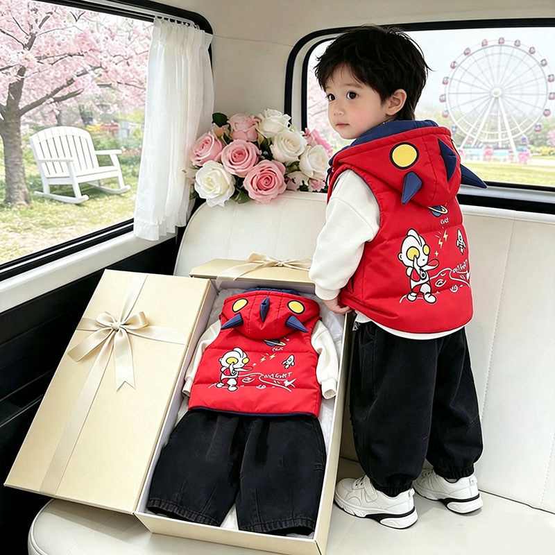 儿童羽绒棉服洋气男童秋冬新款马甲套装女宝宝冬季加绒加厚三件套