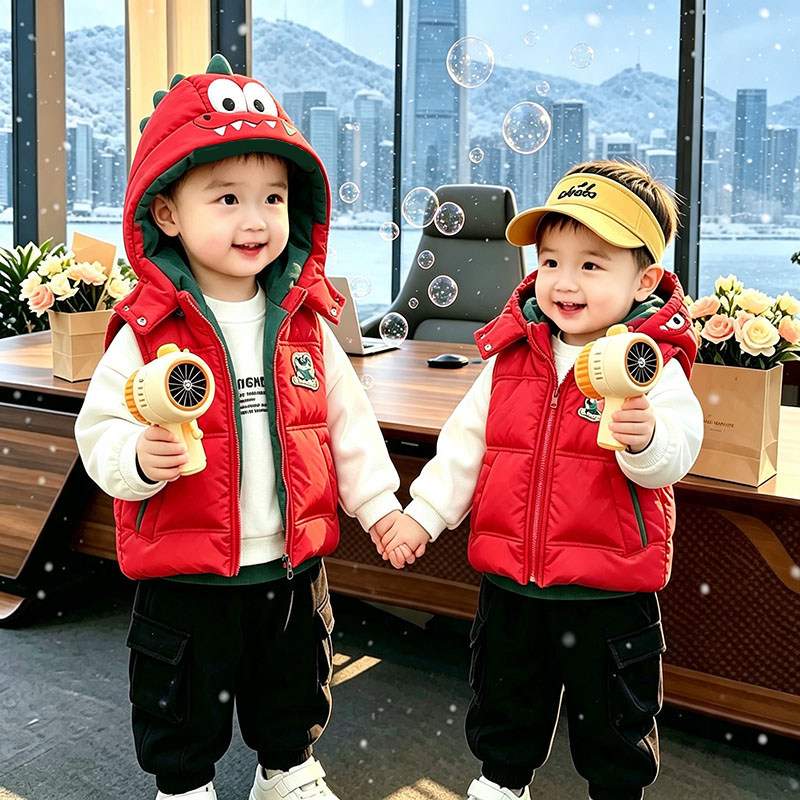 恐龙羽绒棉马甲三件套宝宝保暖