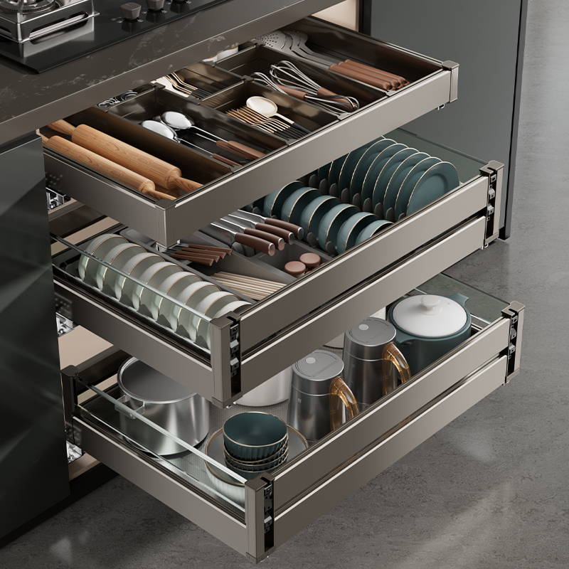金牌橱柜拉篮厨房橱柜太空铝钢化玻璃抽拉碗柜双层碗碟三层抽屉式,家装主材,拉篮,淘宝优惠券,粉丝福利购,淘宝优惠卷