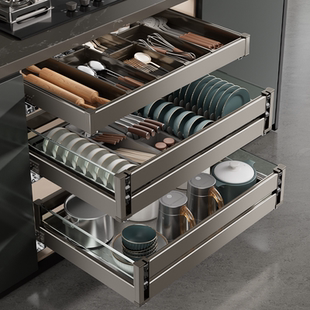 金牌橱柜拉篮厨房橱柜太空铝钢化玻璃抽拉碗柜双层碗碟三层抽屉式