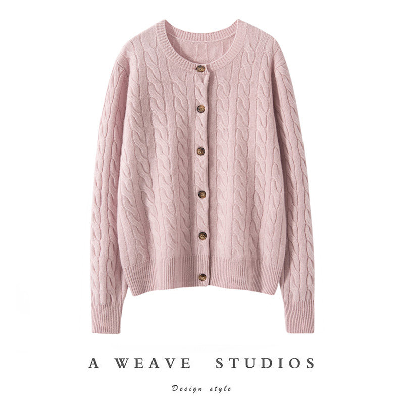 2024秋冬季新款100%纯山羊绒女圆领百搭针织毛衣扭花宽松外套开衫,女装/女士精品,羊绒衫,淘宝优惠券,粉丝福利购,淘宝优惠卷