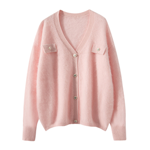 24秋冬新款女士100纯山羊绒V领拉绒开衫时髦洋气舒适保暖长袖外套