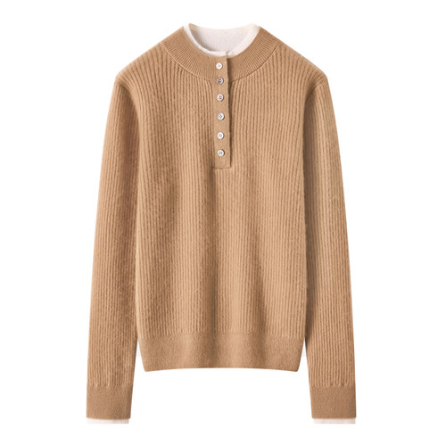 2025秋冬新款100纯山羊绒双层领半开扣假两件坑条针织打底上衣女