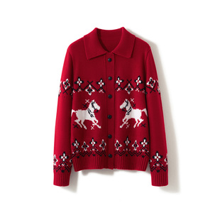 E家同款~100纯山羊绒圣诞新年POLO领梅花对马图案红色加厚开衫女