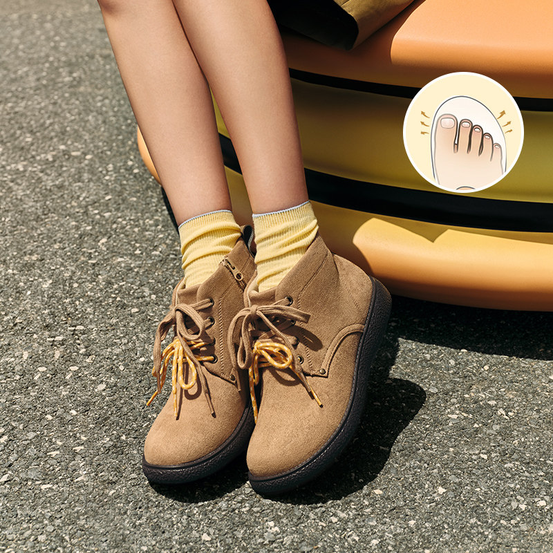 Pansy盼喜短靴女秋单靴新款休闲百搭秋冬季平底高帮鞋拉链靴子