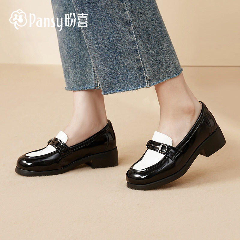 Pansy盼喜女鞋休闲轻便舒适坡跟黑色乐福鞋一脚蹬通勤鞋
