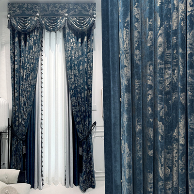法式轻中古蓝绿鎏金雪尼尔窗帘