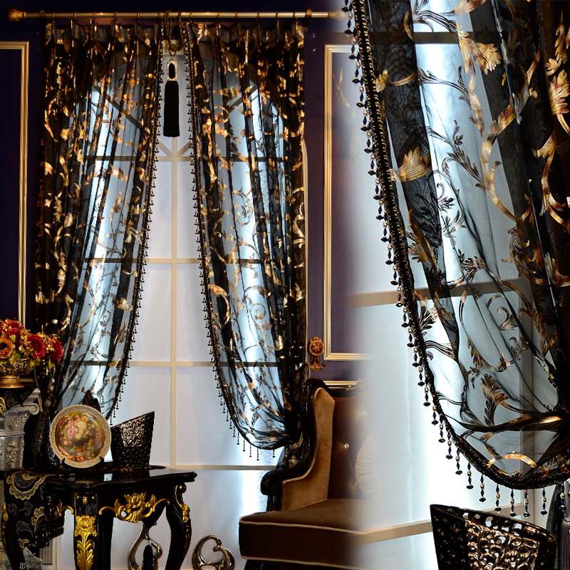 窗帘202c2年新款卧室客厅飘窗纱帘挂钩式法式定制欧式高级黑色印