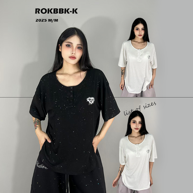 ROKBBK-K布韩街舞潮牌绑带细闪爱心罩衫显瘦宽松T恤女爵士舞