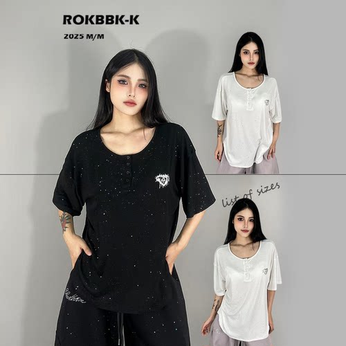 ROKBBK-K布韩街舞潮牌绑带细闪爱心罩衫显瘦宽松T恤女爵士舞