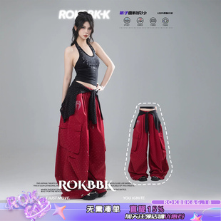 ROKBBK-K/布韩工装风红色阔腿裤女宽松飘带弯刀裤美式街头休闲裤
