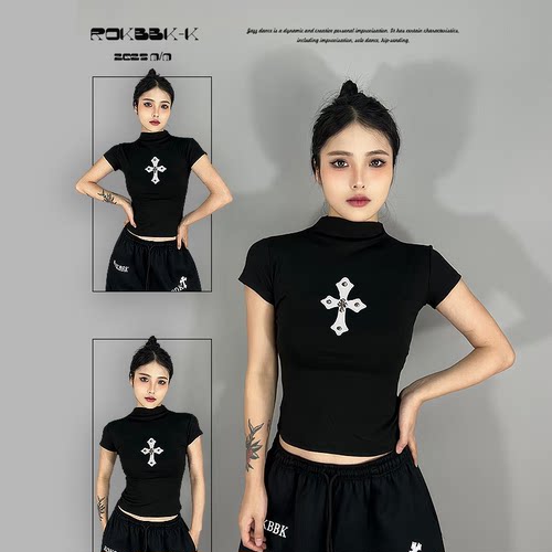 ROKBBK-K布韩街舞潮牌显瘦嘻哈新款美式十字架短袖t恤女爵士舞