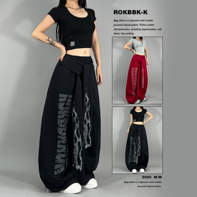 ROKBBK-K布韩街舞潮牌火焰字母印花宽松运动休闲裤女爵士舞