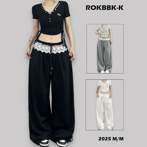 ROKBBK-K/布韩街舞潮牌运动裤女夏季宽松休闲蕾丝嘻哈爵士舞长裤