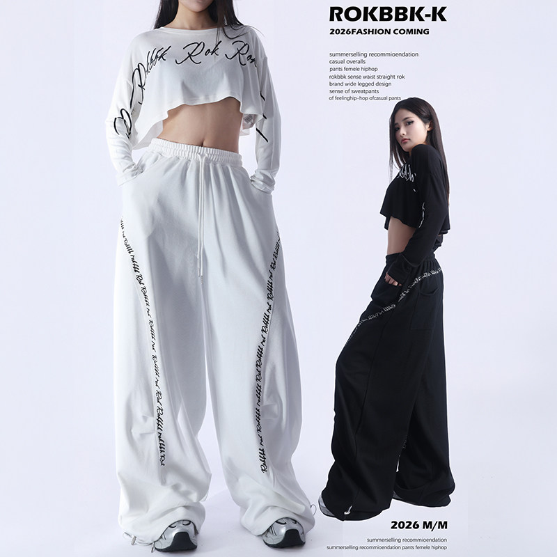 ROKBBK－K/布韩街头风字母印花阔腿裤女抽绳宽松长裤潮牌运动裤