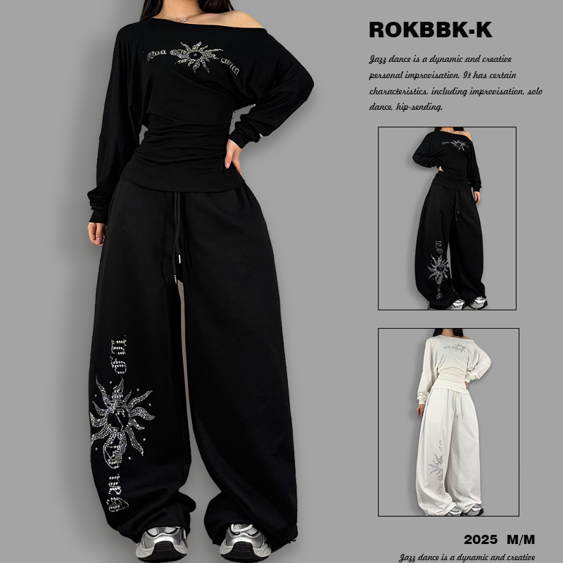 ROKBBK－K/布韩美式复古烫钻图腾阔腿裤女黑色宽松跳舞裤休闲长裤