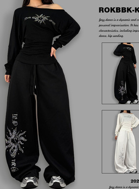 ROKBBK－K/布韩美式复古烫钻图腾阔腿裤女黑色宽松跳舞裤休闲长裤