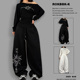 布韩美式 复古烫钻图腾阔腿裤 女黑色宽松跳舞裤 ROKBBK－K 休闲长裤
