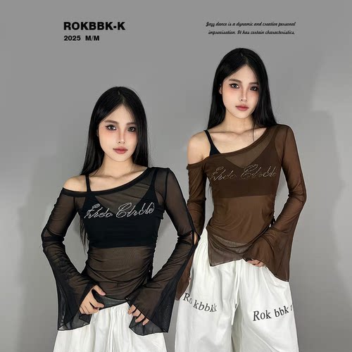 ROKBBK-K布韩街舞潮牌烫钻网纱罩衫女纯欲甜辣妹性感斜肩上衣