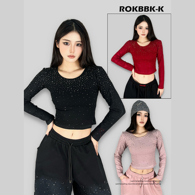 辣妹风满天星闪钻长袖修身T恤