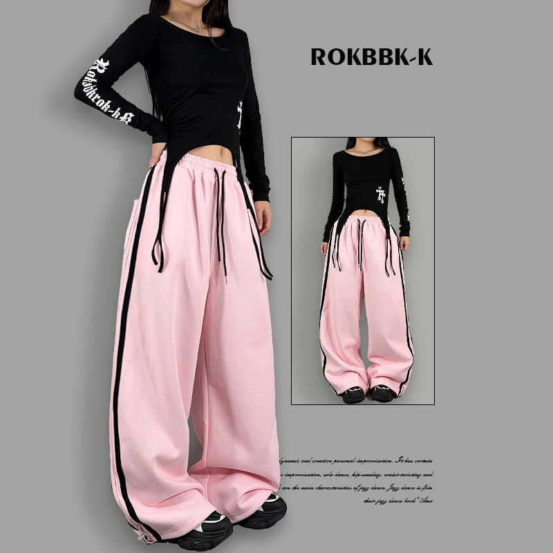 ROKBBK－K/布韩粉色运动休闲裤女宽松抽绳垂坠感阔腿裤运动穿搭