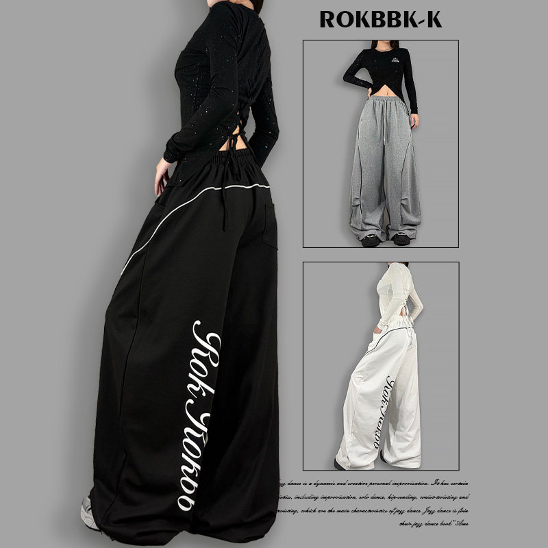 ROKBBK－K/布韩美式嘻哈风字母印花阔腿裤女街头潮流宽松休闲裤
