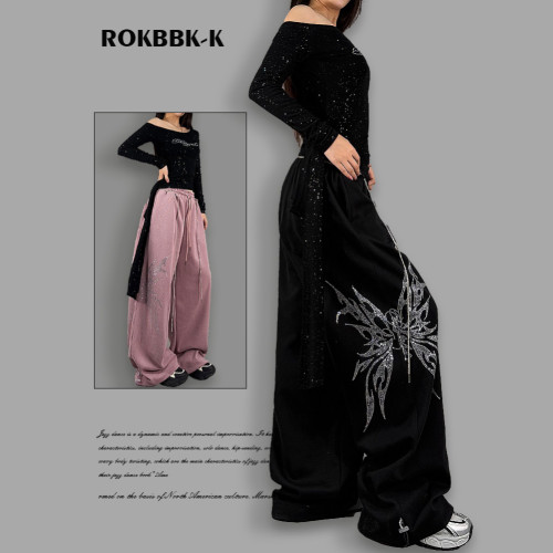 ROKBBK－K/布韩美式嘻哈风蝴蝶烫钻阔腿裤女街头宽松长裤运动裤