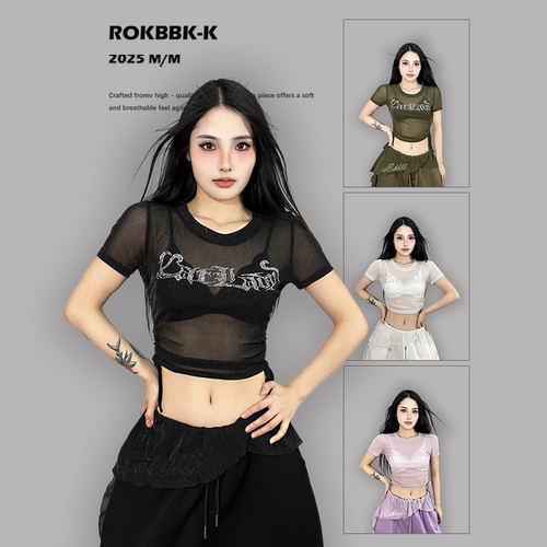 ROKBBK-K布韩街舞潮牌2025新款休闲显瘦女网纱T恤百搭速干爵士舞