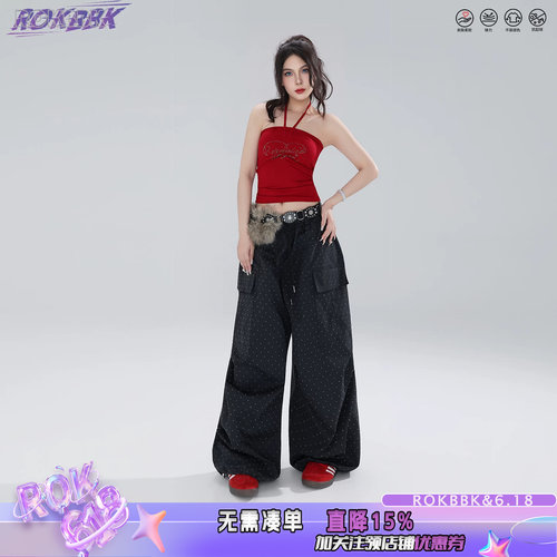美式高腰阔腿工装裤女黑色显瘦