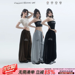 ROKBBK－K/布韩美式嘻哈风烫钻侧边宽松阔腿裤女街头休闲运动长裤