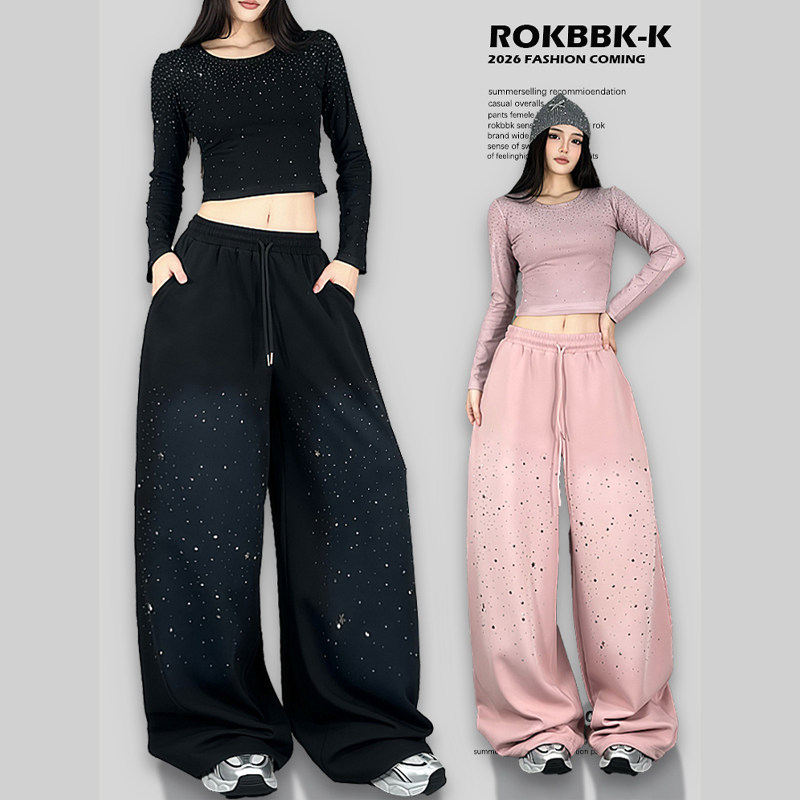 ROKBBK-K/布韩高级感烫钻阔腿裤女宽松抽绳休闲裤酷炫风运动长裤
