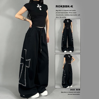 ROKBBK-K布韩街舞潮牌美式复古爵士舞黑色十字架宽松休闲裤女