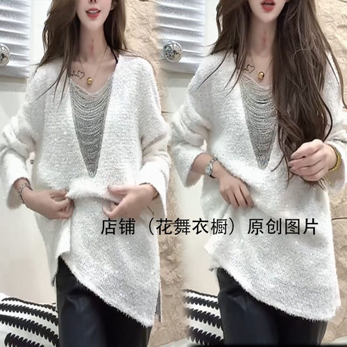 温柔慵懒风白色镂空蕾丝拼接V领重工衫女宽松百搭洋气上衣显瘦潮T