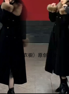 黑色毛呢外套女长款毛毛领双排扣气质显瘦高级感大衣气质名媛时尚